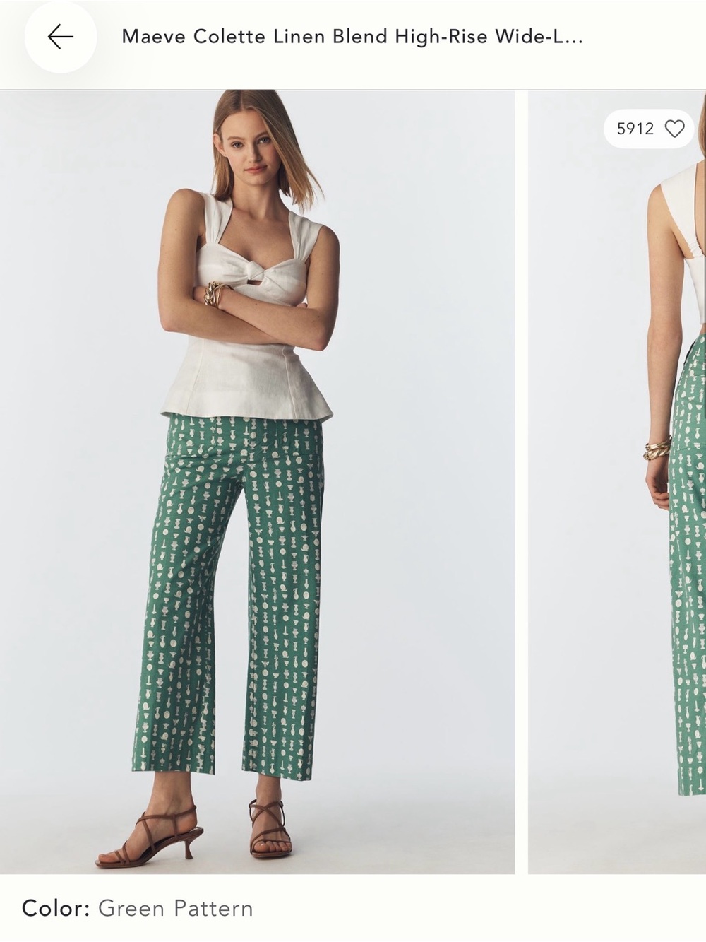 Anthropologie Green Pattern Linen-Blend Wide-Leg Pants